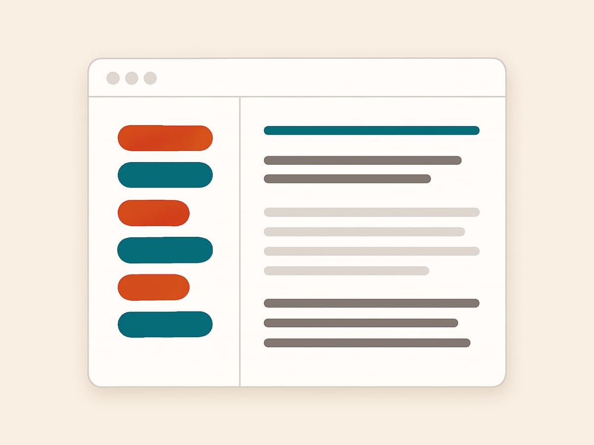 Stylized app interface showing grouped change categories on the left and structured release note content blocks on the right.
